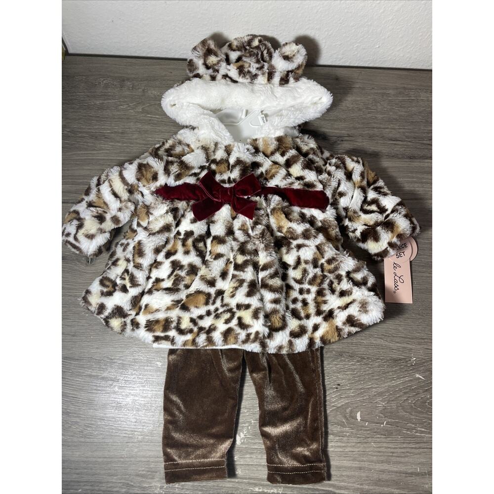 NWT Little Lass Baby Girl 3pc Leopard Faux Fur Hooded Jacket Velvet Pants Set